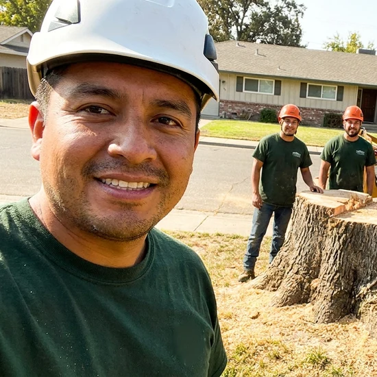 Smiling Kansas City Tree Care crew selfie after removing a large oak in Kansas City