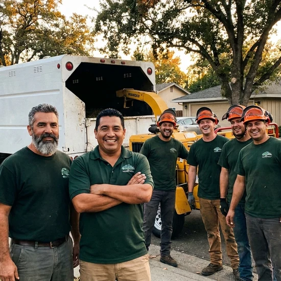 Tree service owner and crew with chip truck on a Kansas City street